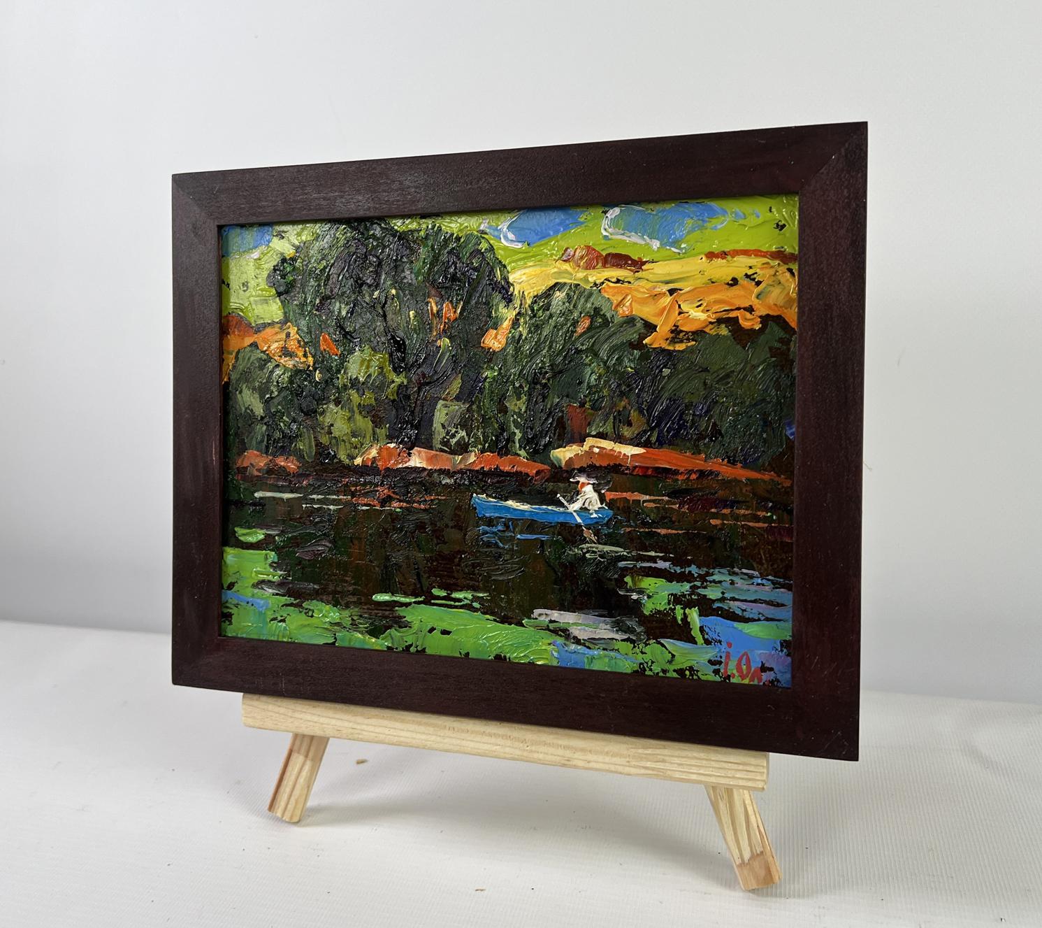 Oil painting Willows bent over the silence by Oleksiy Ivanyuk with blue boat