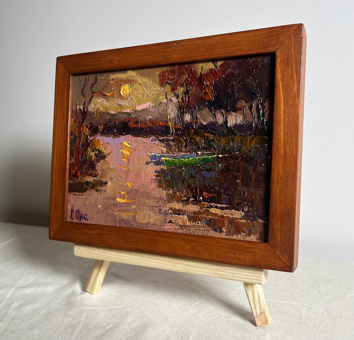 Oil painting Monthly Reflection by Oksana Ivanyuk, sunset over water in wood frame