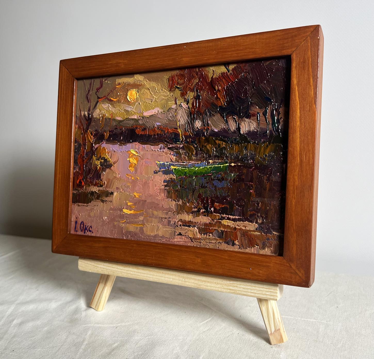 Oil painting Monthly Reflection by Oksana Ivanyuk, sunset over water in wood frame