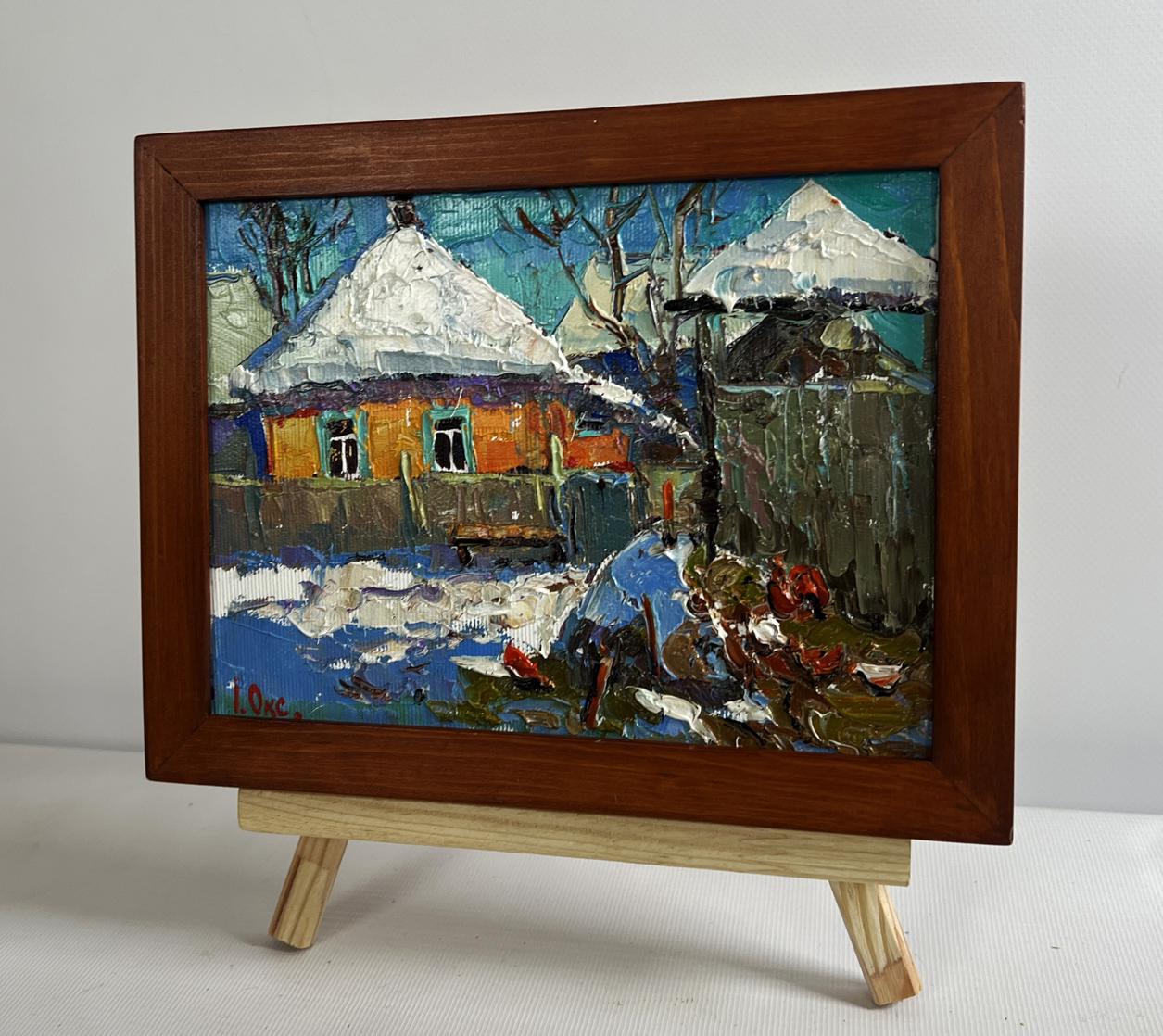 Rustic oil painting Frosty morning in the village by Oksana Ivanyuk, snowy scene
