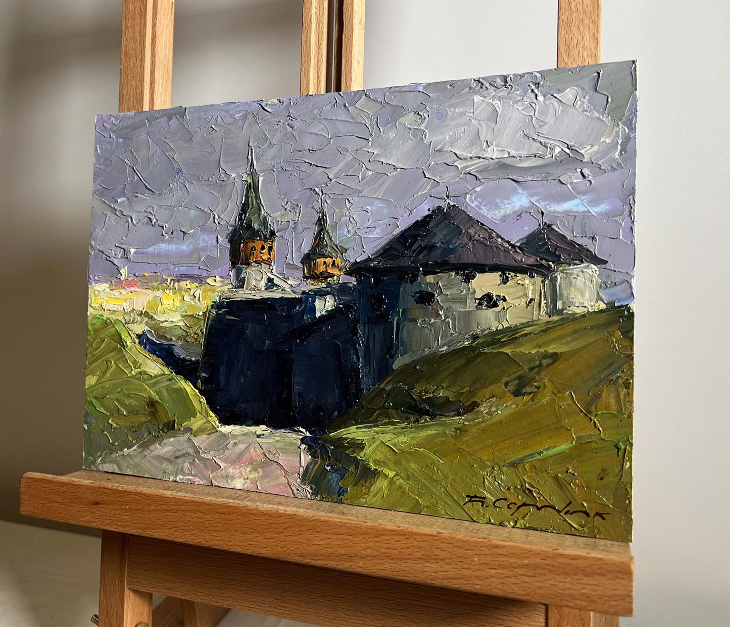 Oil painting Overlooking the fortress Boris Serdyuk on wooden easel