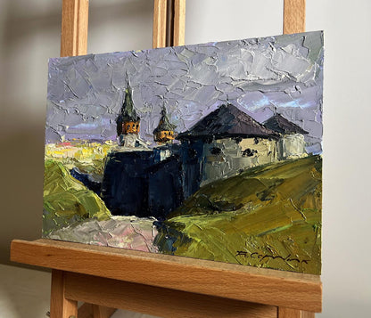 Oil painting Overlooking the fortress Boris Serdyuk on wooden easel