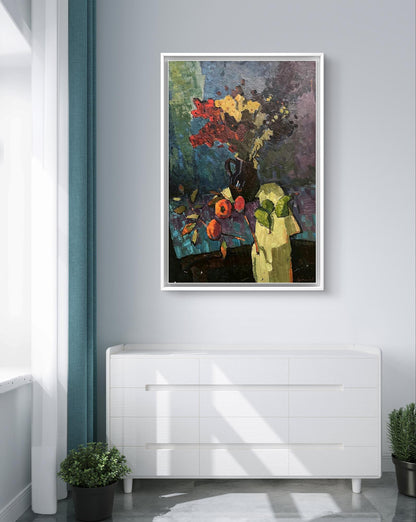 Oil painting Autumn flowers and fruits by Oleksandr Andreev in white frame
