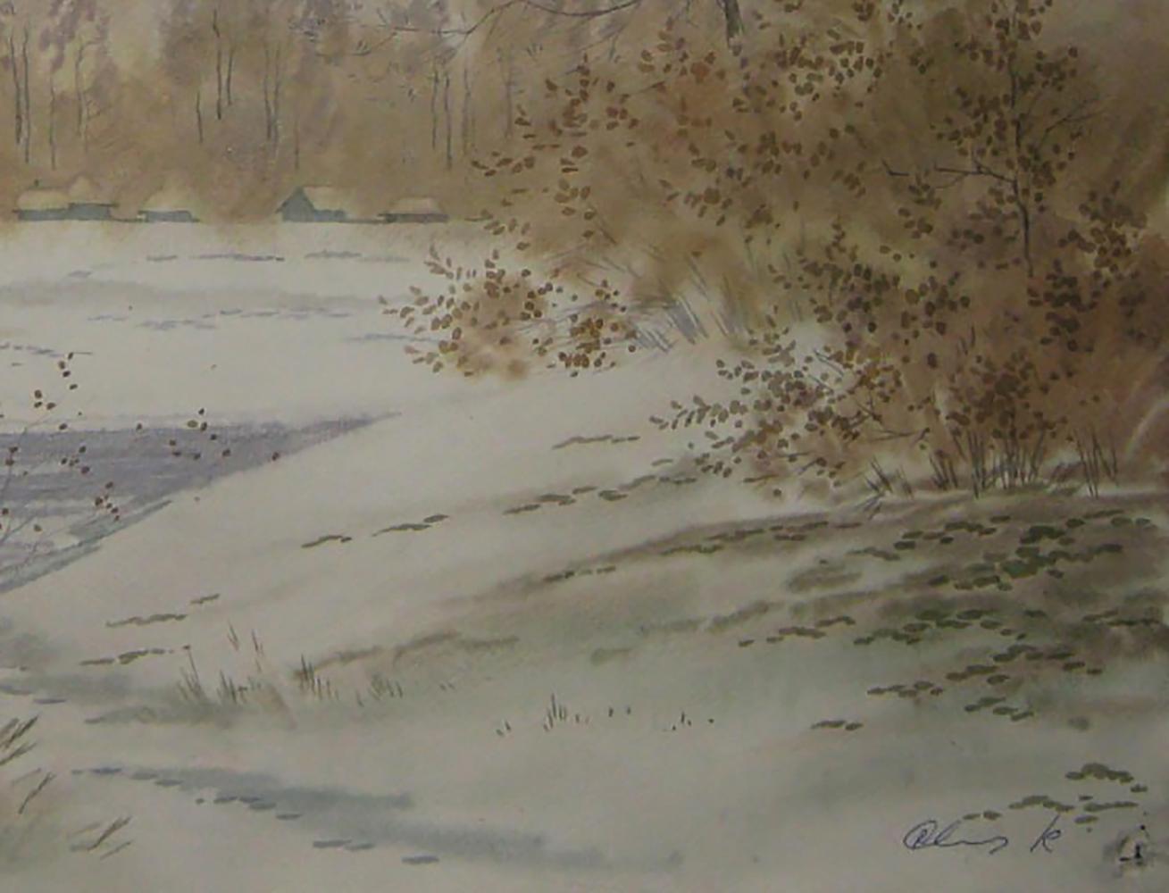 Watercolor painting First snow by Valery Savenets snowy landscape