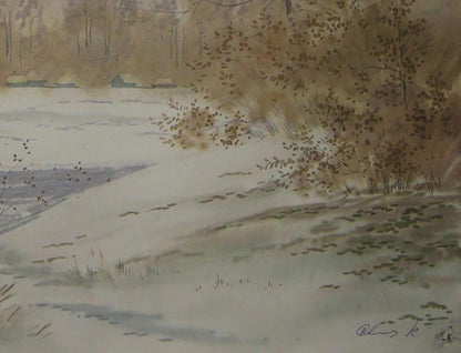 Watercolor painting First snow by Valery Savenets snowy landscape