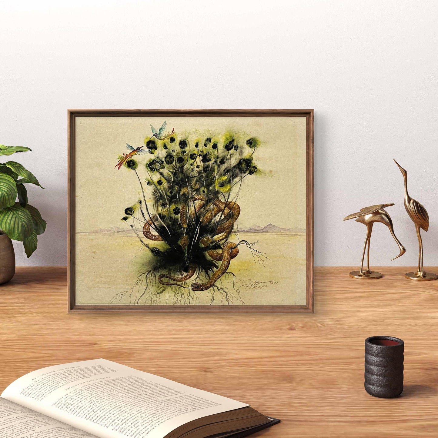 Framed Watercolor Desert Dwellers by Dmytro Startsev with snakes, flowers, birds