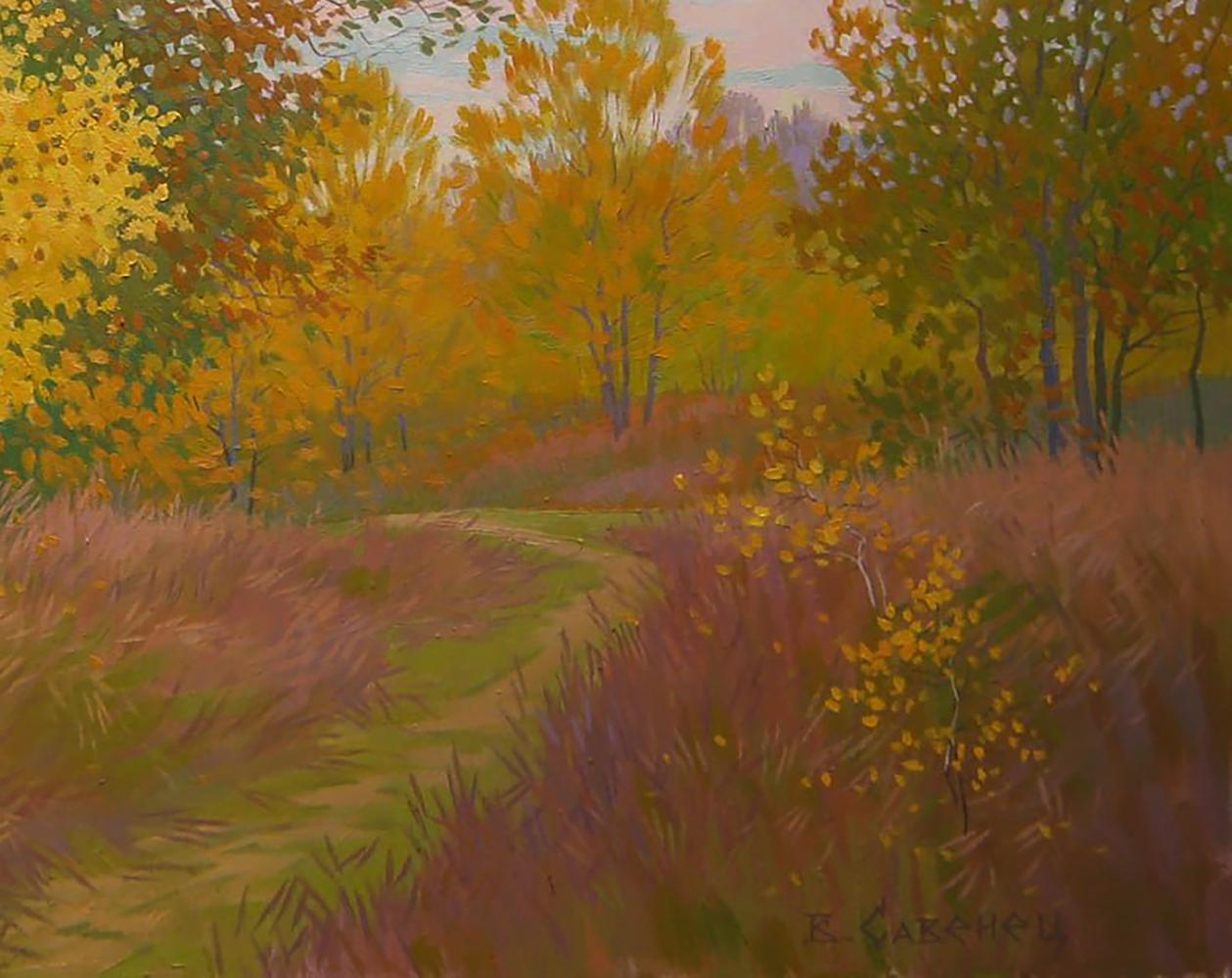 Oil painting Golden autumn nature by Valery Savenets: vibrant trees path