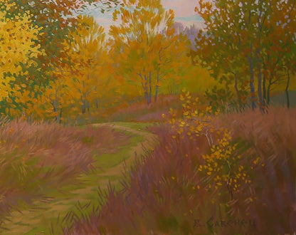 Oil painting Golden autumn nature by Valery Savenets: vibrant trees path