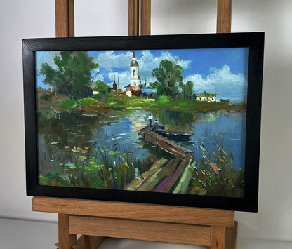 Oil painting Bridge over the river by Yuriy Suprunchuk, serene village scene