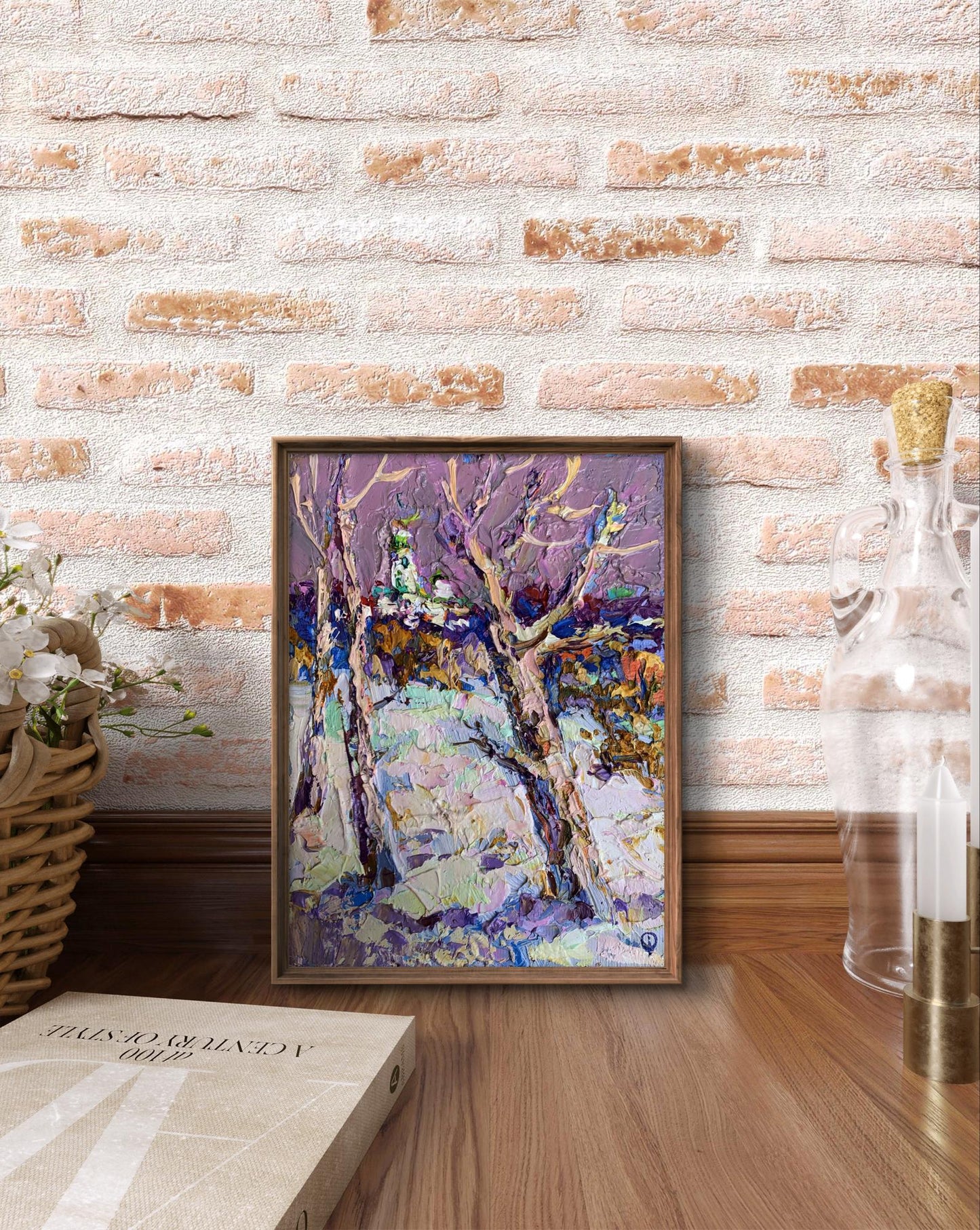 Framed oil painting The first snow fell by Oksana Ivanyuk snowy trees