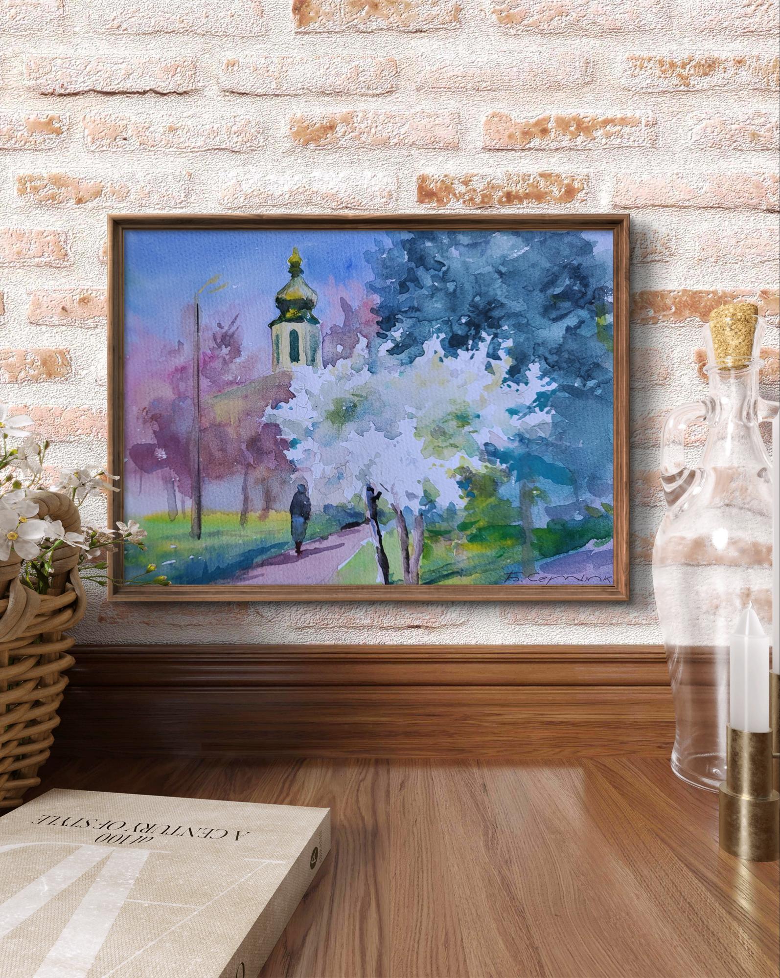 Framed watercolor The ringing of spring bells by Boris Serdyuk church golden domes purple sky