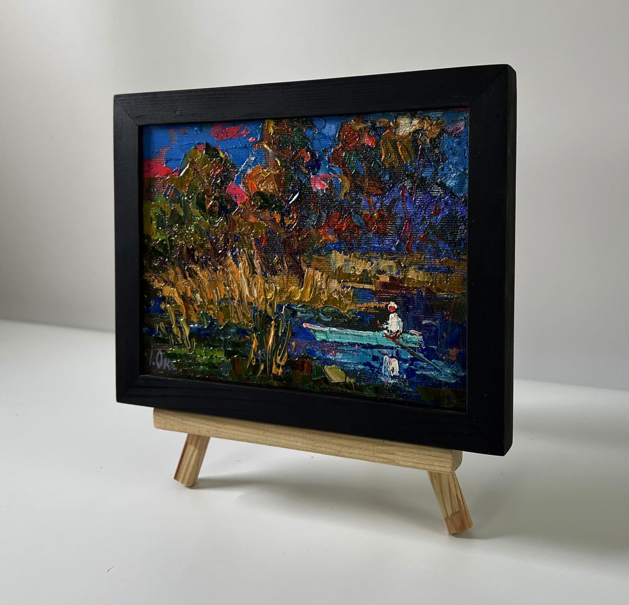 Oil painting Boat in the swamp by Oksana Ivanyuk, boat on water amid trees