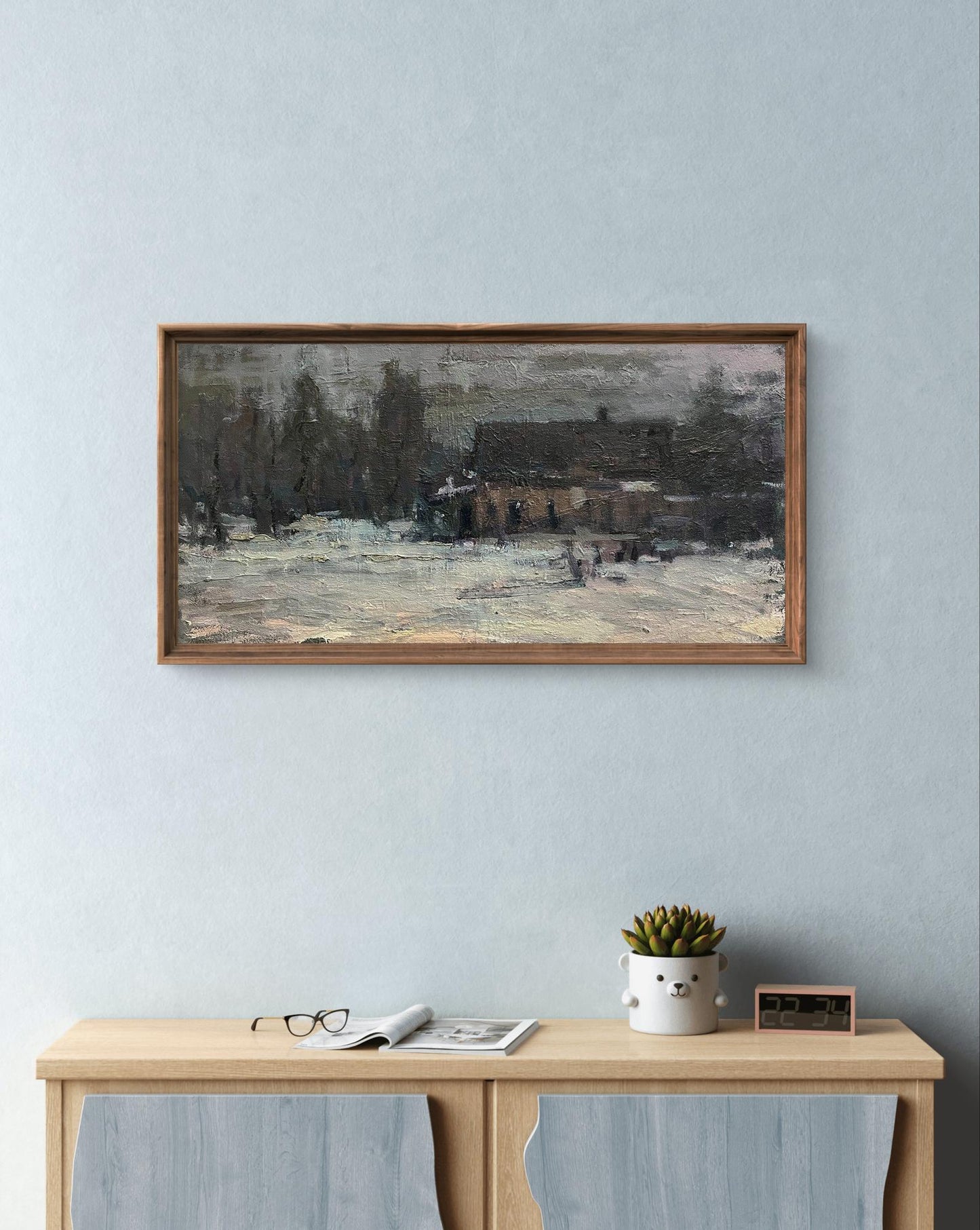 Oil painting In peace Volodymyr Pashchenko snowy landscape in wooden frame