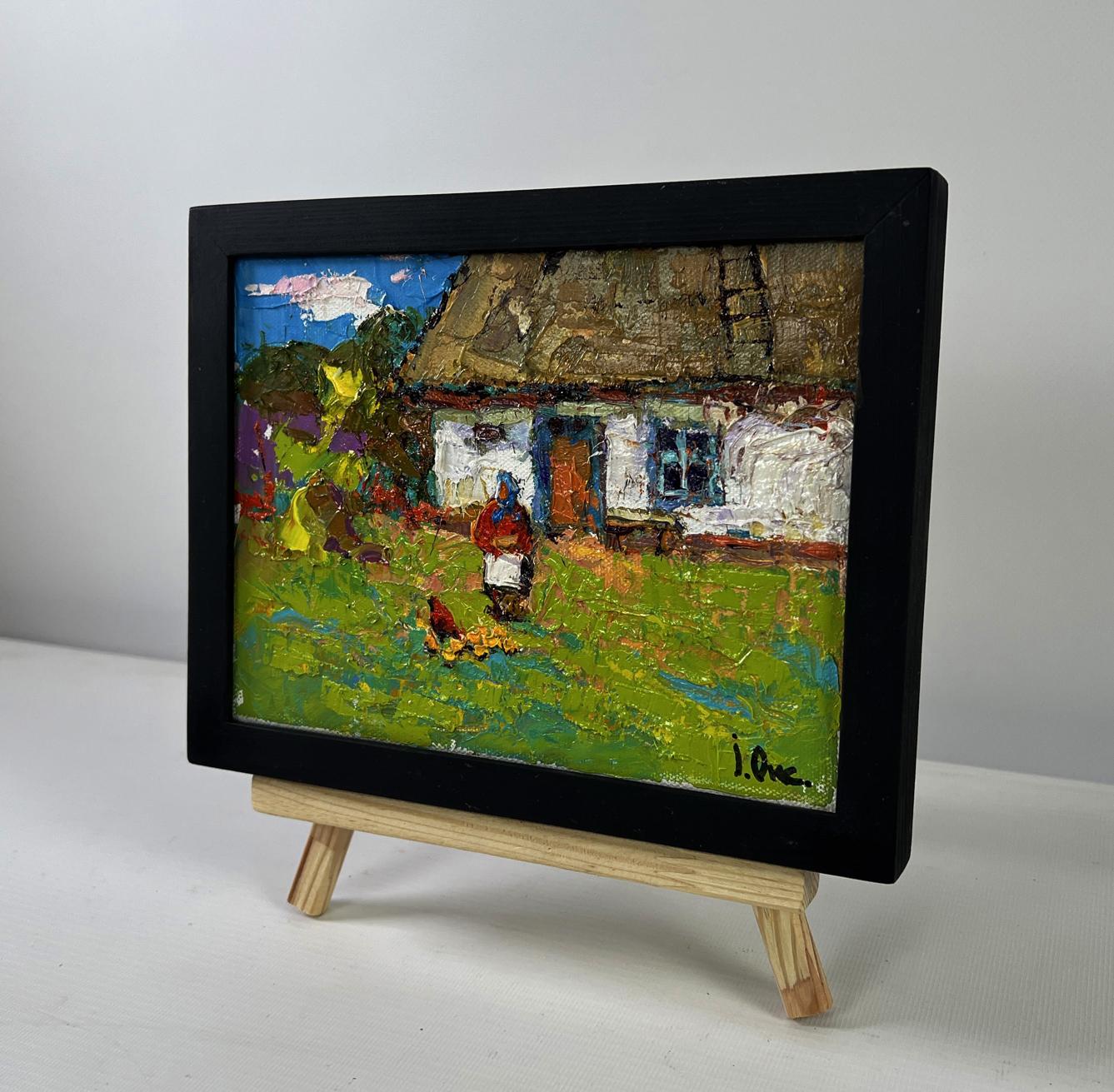 Vibrant impressionistic oil painting of Oksana Ivanyuk rustic cottage with thatched roof and garden in black frame