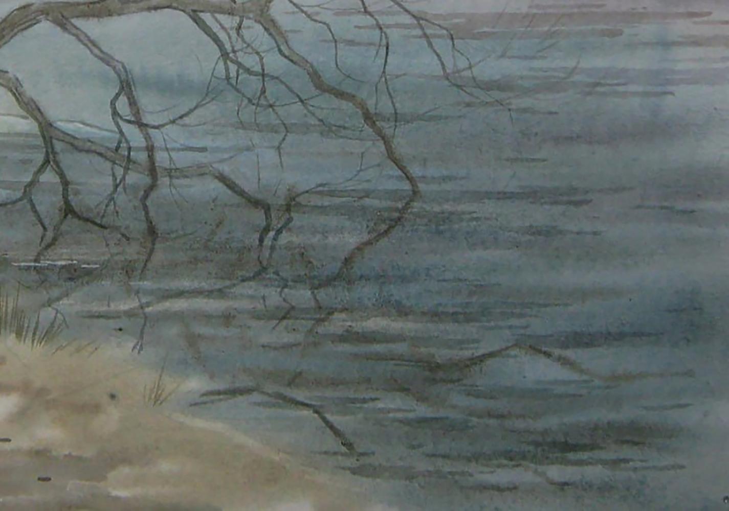 Watercolor painting Awakening of nature by Valery Savenets, bare branches over calm water