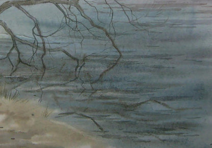 Watercolor painting Awakening of nature by Valery Savenets, bare branches over calm water
