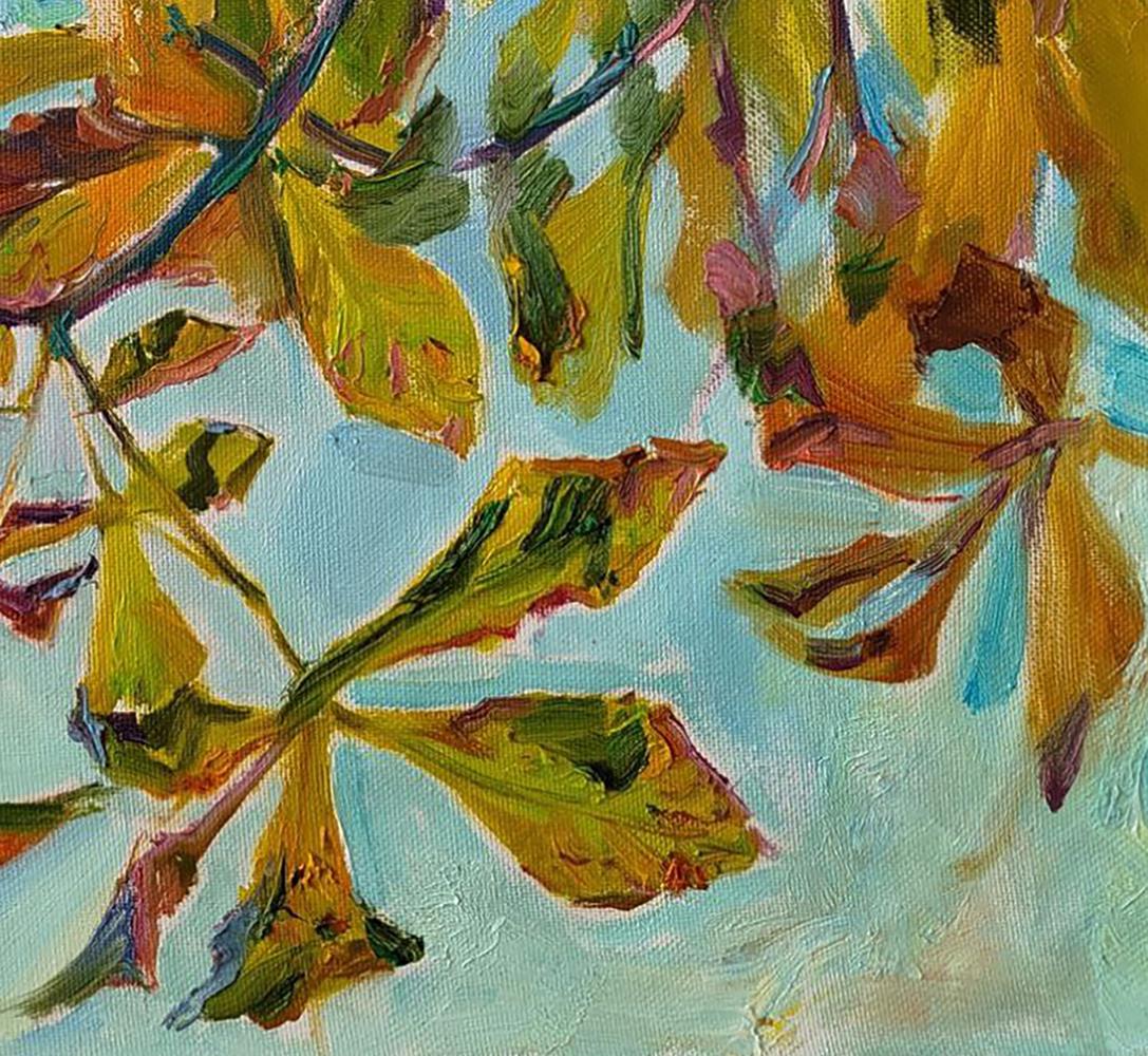 Vibrant oil painting Chestnut leaves by Leonid Pavlenko on blue canvas