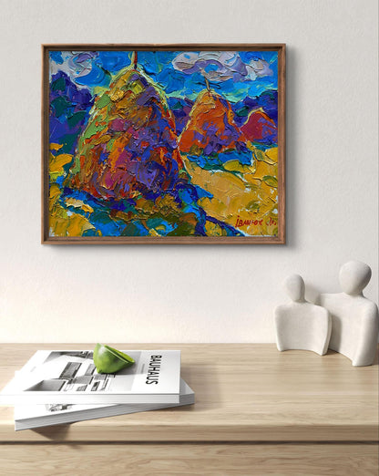 Vibrant impressionist oil painting of haystacks in summer field by Oleksiy Ivanyuk