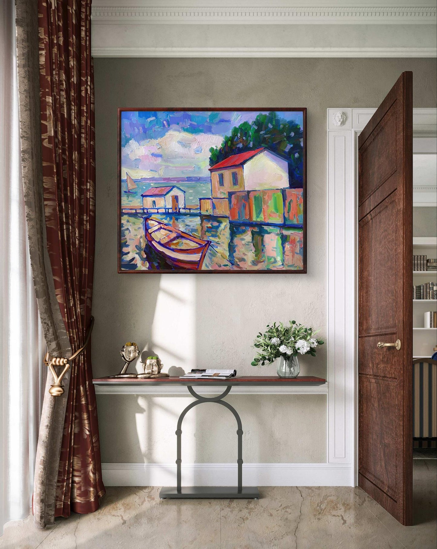 Vibrant impressionist oil painting by Peter Dobrev: colorful coastal landscape with boats