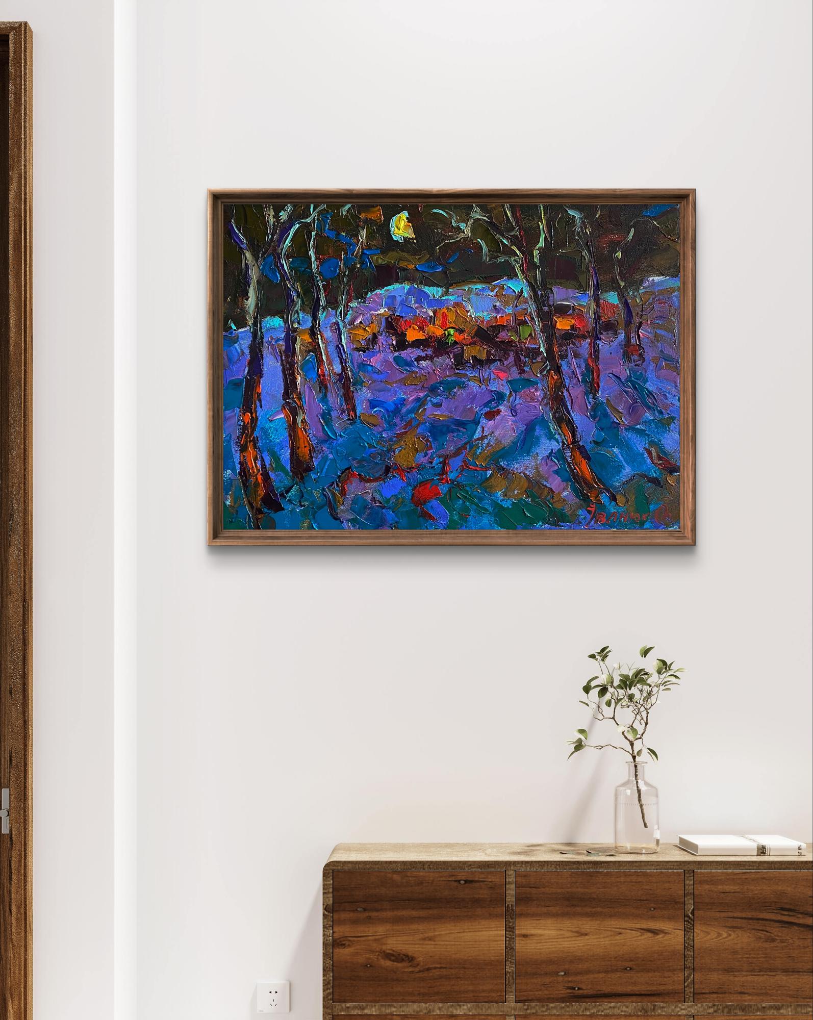 Oil painting Moonlit night in the field by Oleksiy Ivanyuk in wooden frame