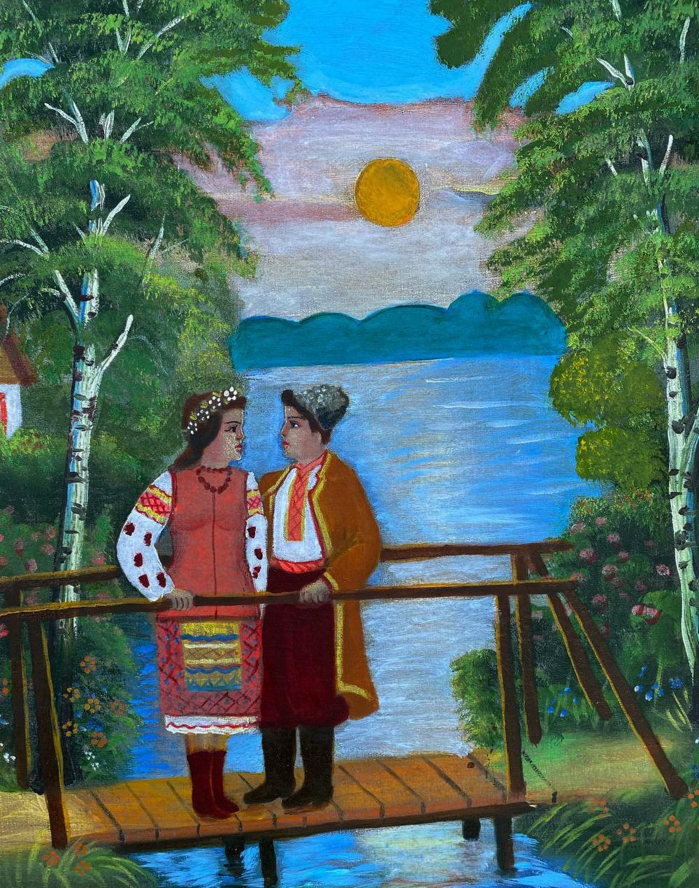 Oil painting of young couple on bridge by unknown artist