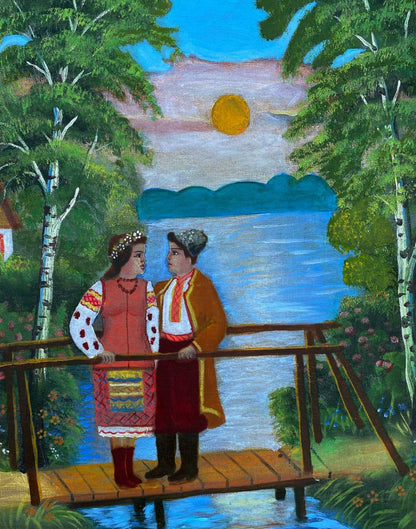Oil painting of young couple on bridge by unknown artist