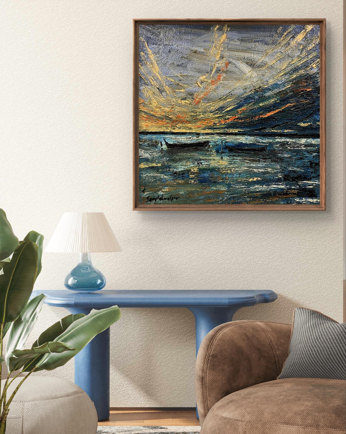 Oil painting Boats in the sea by Serhiy Kovalev, dramatic sunset seascape