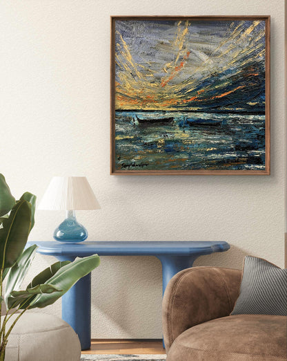 Oil painting Boats in the sea by Serhiy Kovalev, dramatic sunset seascape