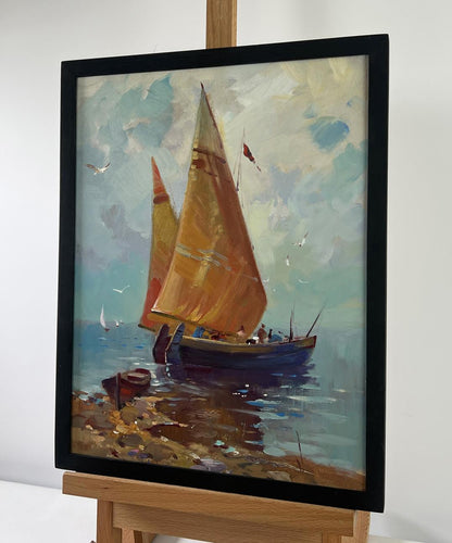 Oil painting Lonely Boat in the Waves by Yuriy Suprunchuk in black frame