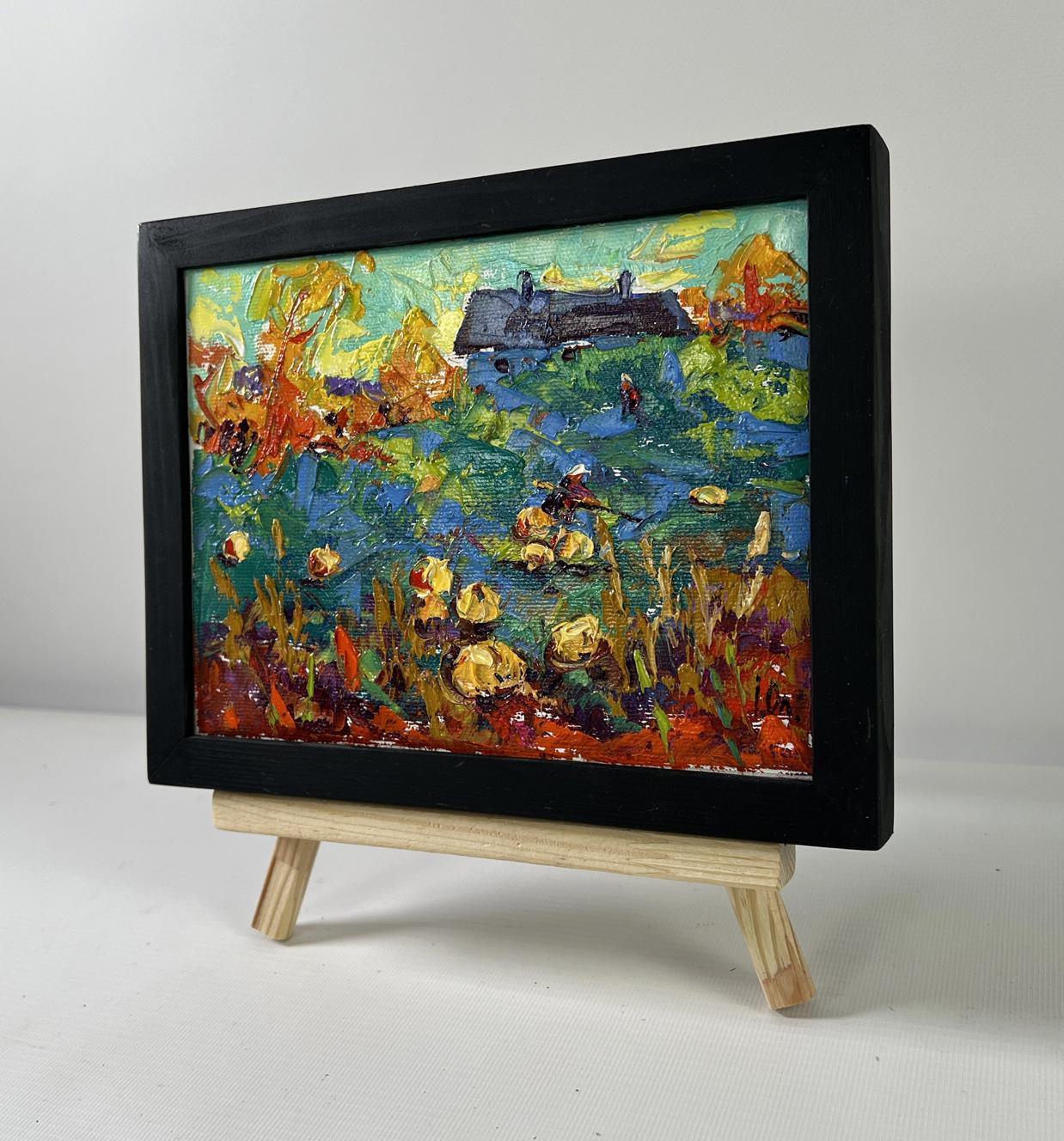 Oil painting Work in the Garden by Oleksiy Ivanyuk, autumn landscape in black frame