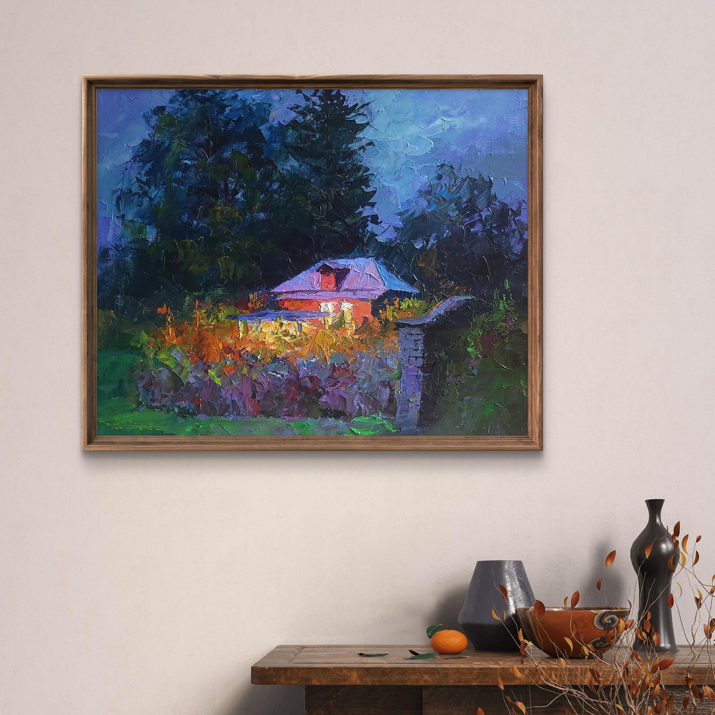 Oil painting Evening Boris Serdyuk cozy house in trees twilight rustic frame
