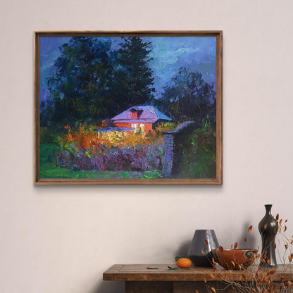 Oil painting Evening Boris Serdyuk cozy house in trees twilight rustic frame