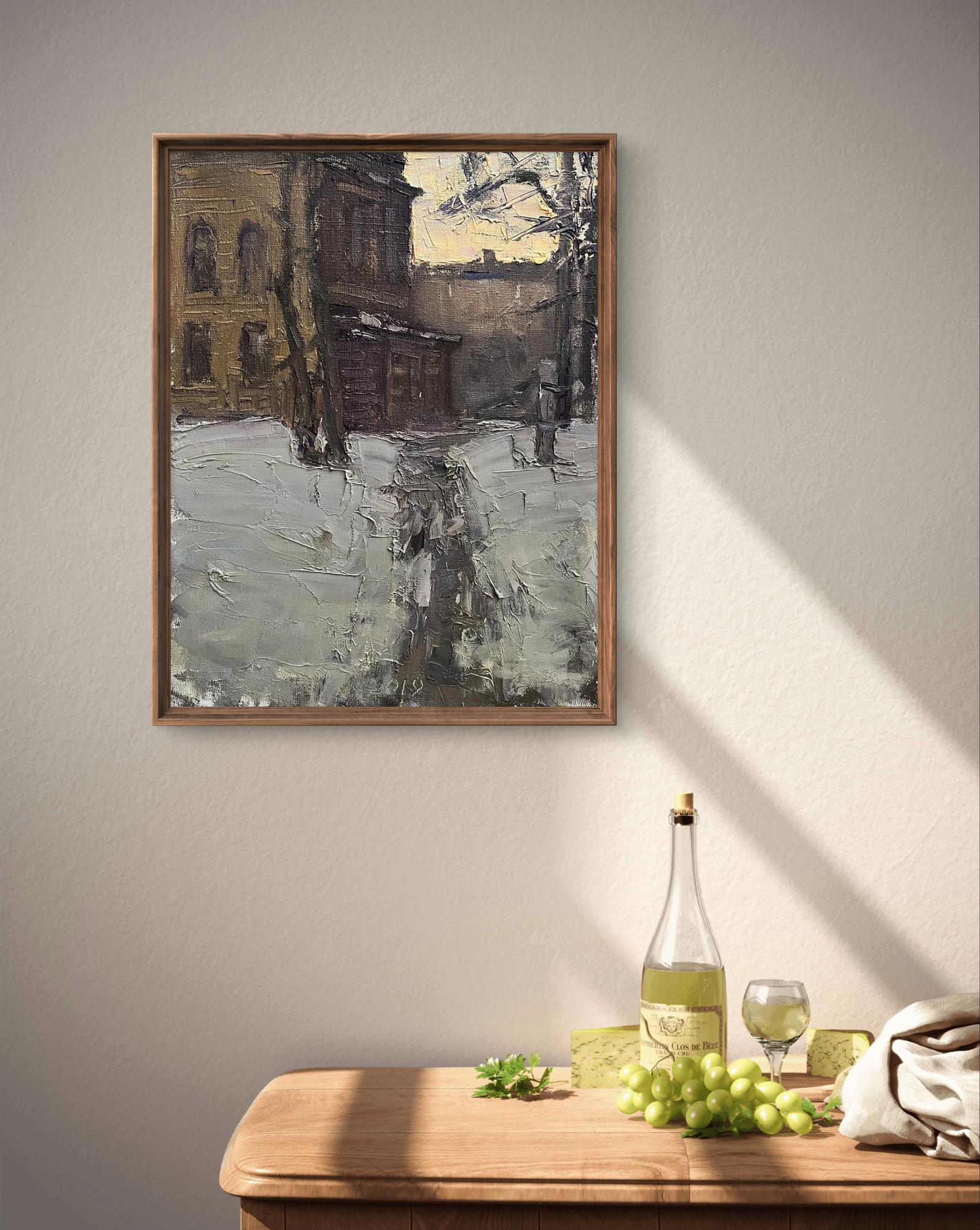 Framed oil painting Winter evening by Volodymyr Pashchenko snowy street scene
