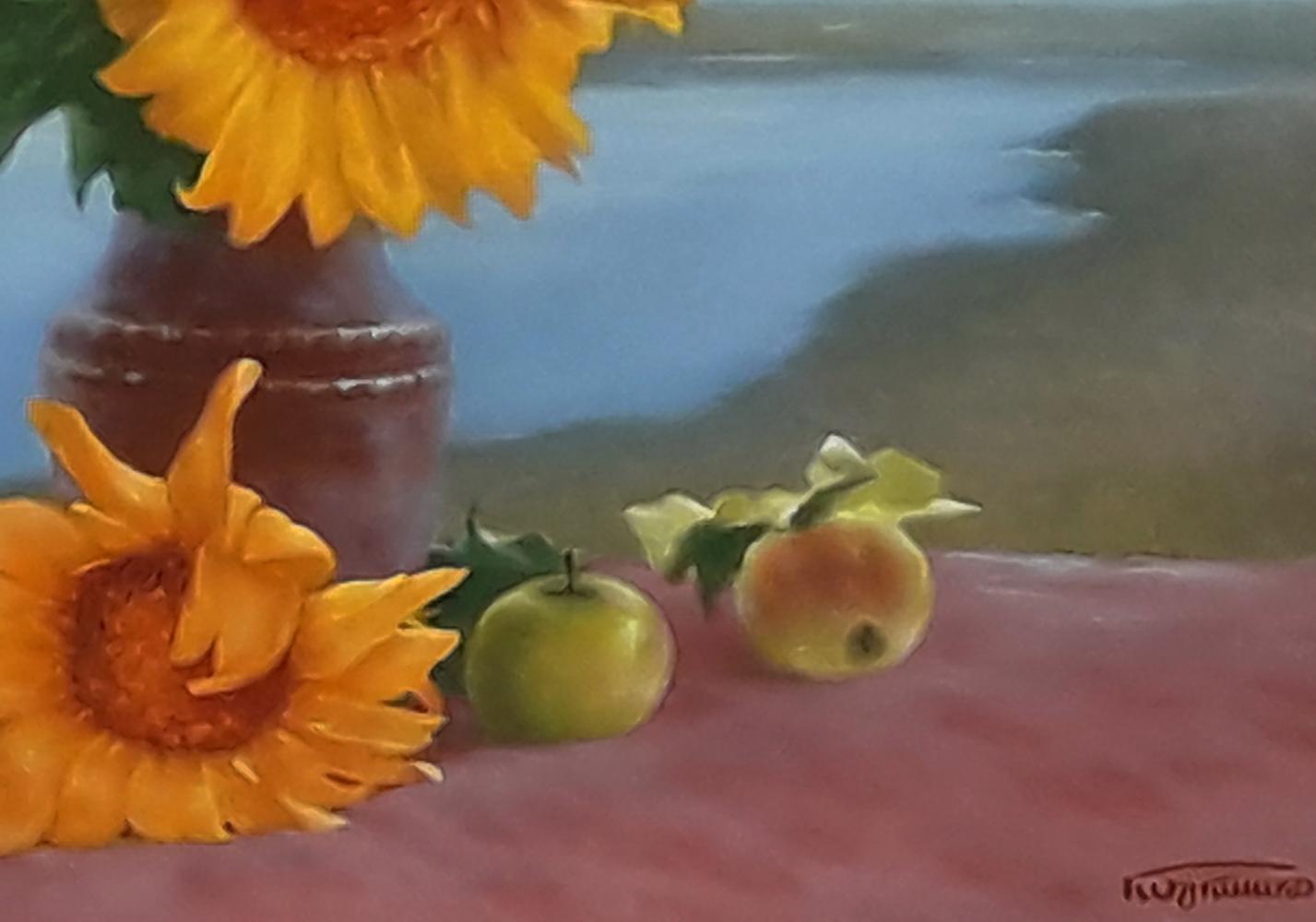 Oil painting of Vasily Korkishko bouquet of sunflowers in rustic vase