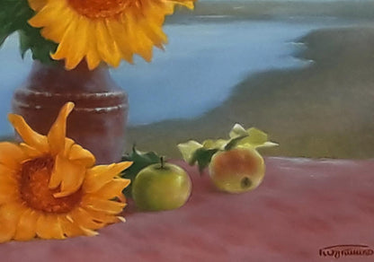 Oil painting of Vasily Korkishko bouquet of sunflowers in rustic vase