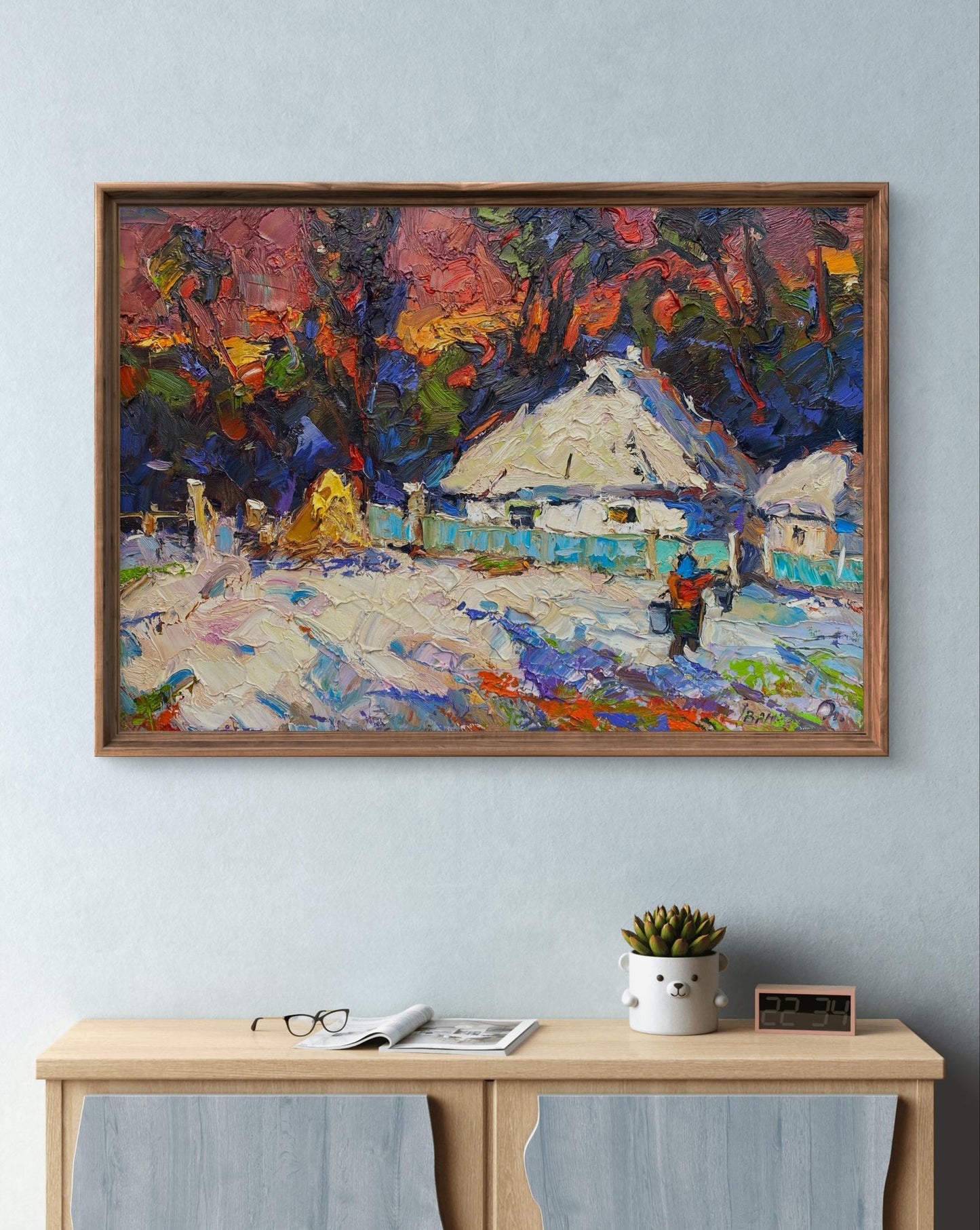 Oil painting Frosty evening by Oleksiy Ivanyuk, vibrant autumn village scene