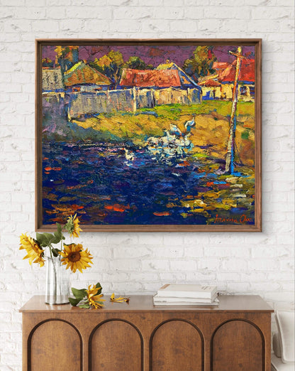 Oil painting After the Rain by Oksana Ivanyuk: vibrant village with ducks in pond