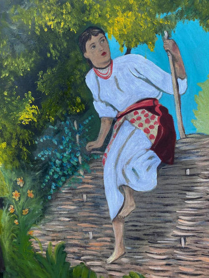Oil painting Through the Crossing: woman in blue dress with polka-dot sash holding staff