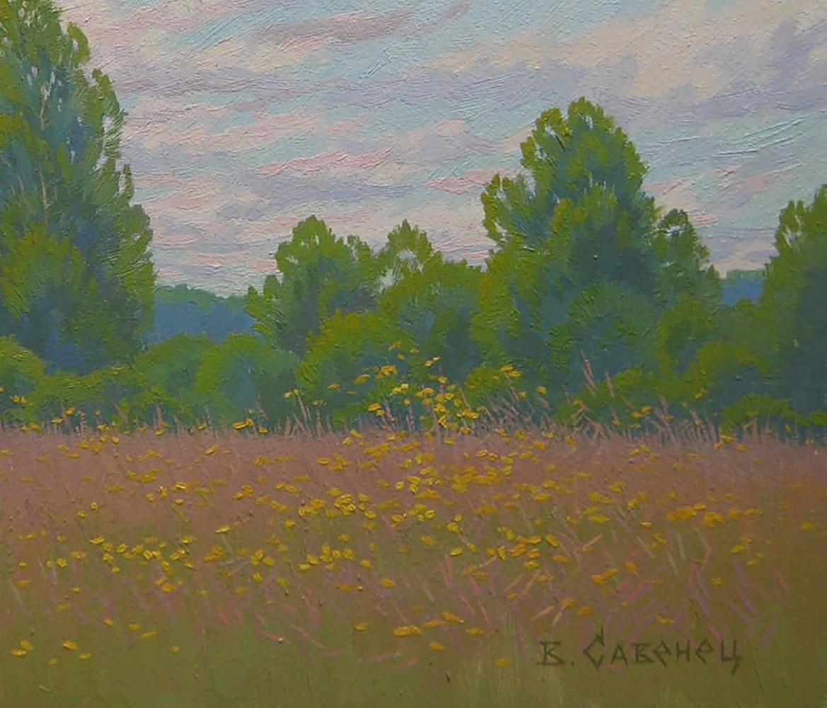Serene oil painting by Valery Savenets: yellow wildflowers, green trees, cloudy sky