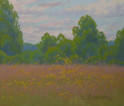 Serene oil painting by Valery Savenets: yellow wildflowers, green trees, cloudy sky