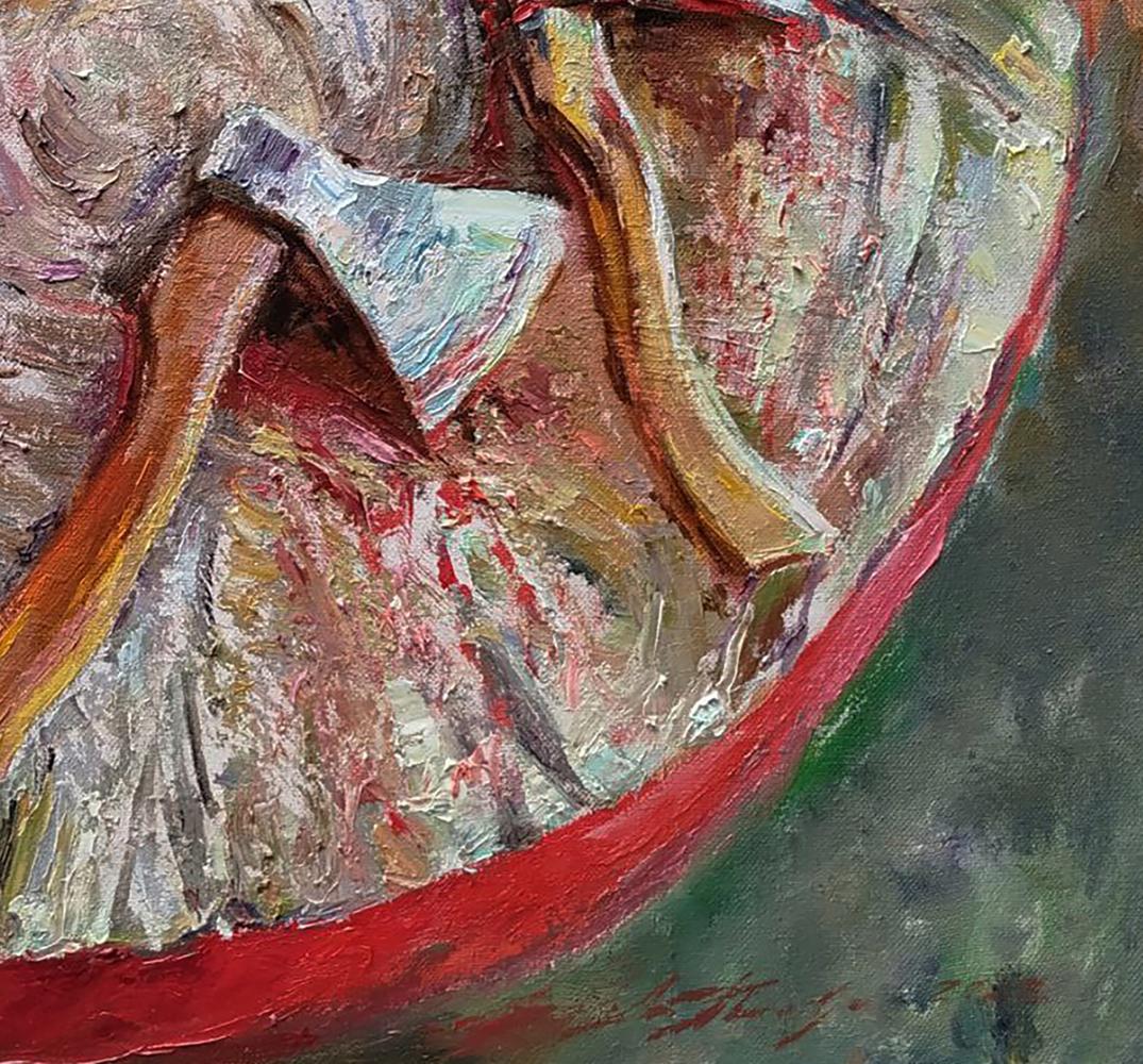 Oil painting Lunch break with meat by Leonid Pavlenko: textured bowl of colorful abstract fruit slices
