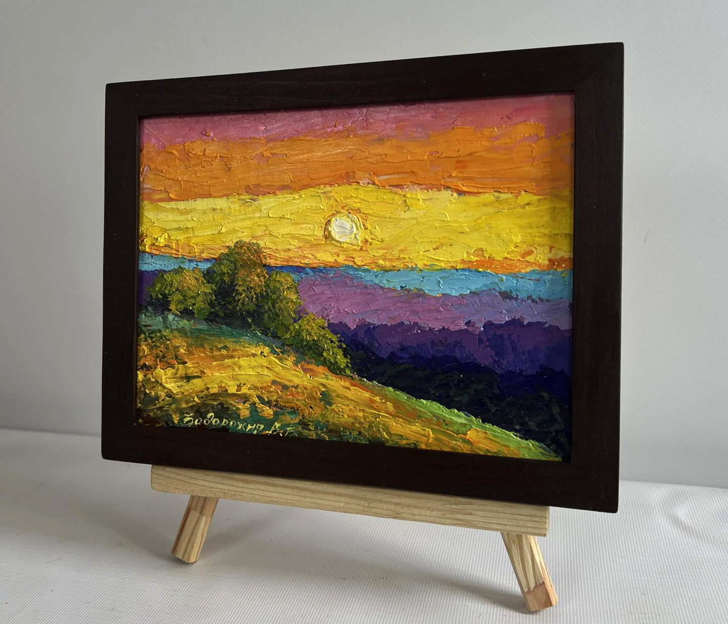 V. Zadorozhnya impressionist sunset oil painting in wooden frame