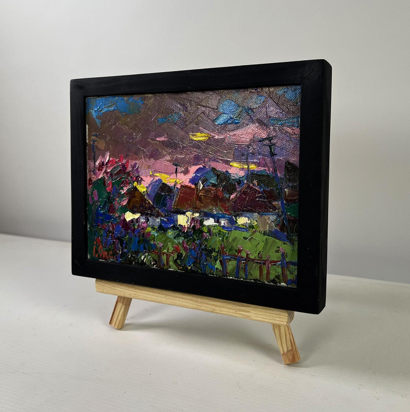 Oil painting The beam fades leaving the world by Oksana Ivanyuk in black frame