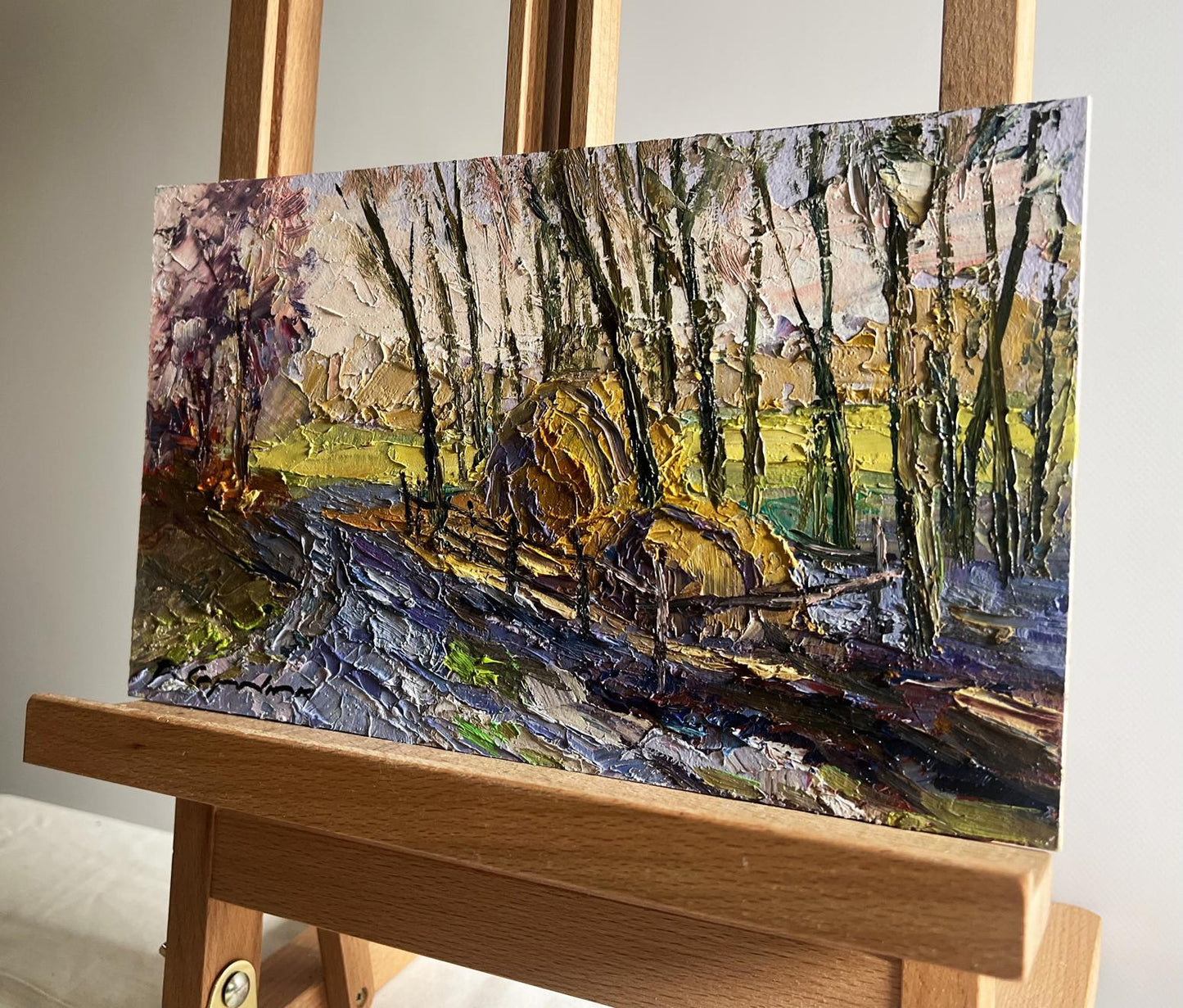 Oil painting March days in the field by Boris Serdyuk, textured forest scene