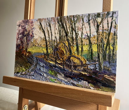 Oil painting March days in the field by Boris Serdyuk, textured forest scene