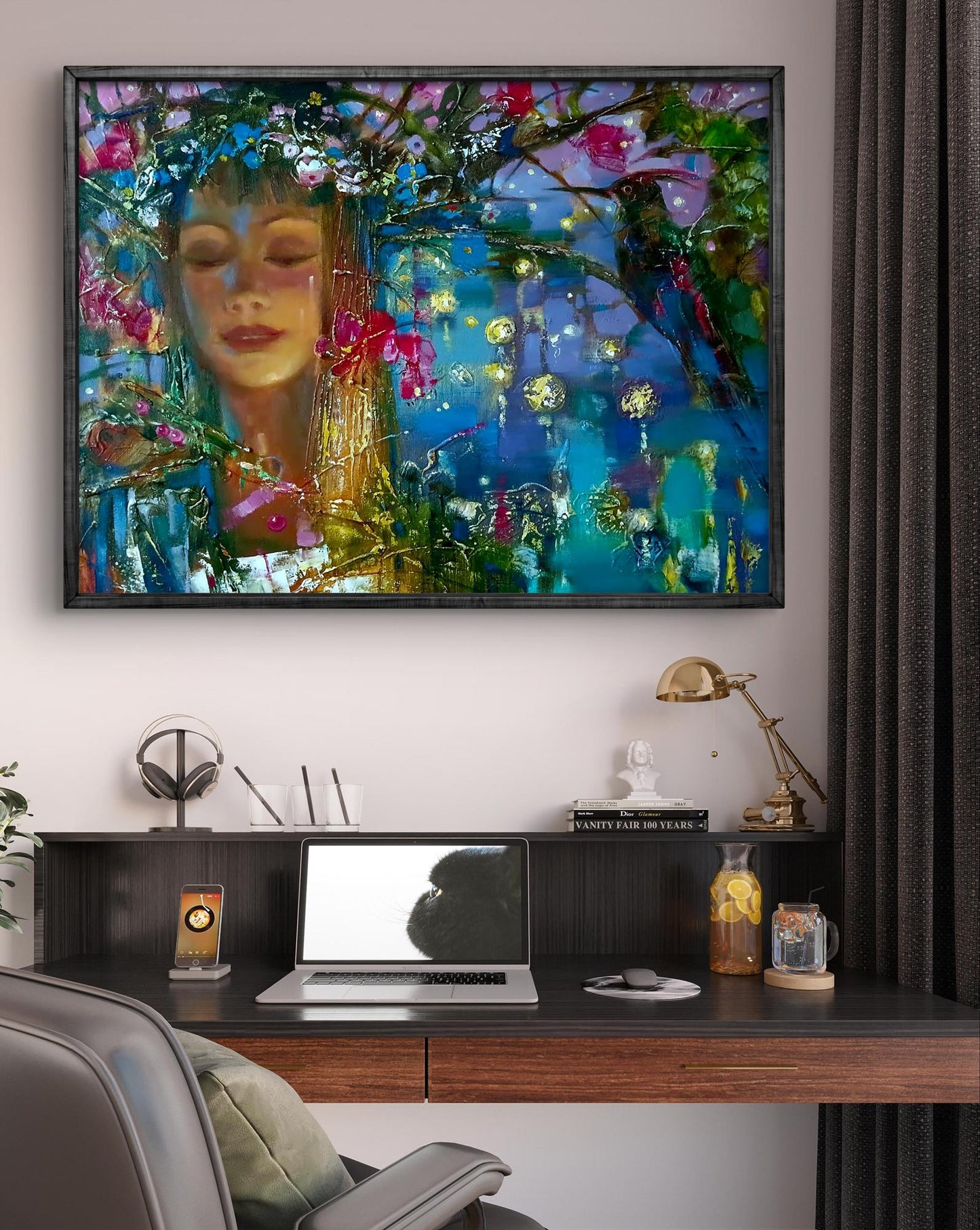 Abstract oil painting Kupala night by Anatoly Tarabanov with serene womans face