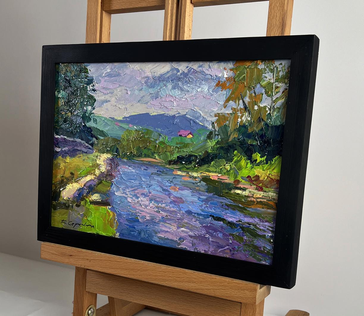 Black-framed oil painting of Boris Serdyuk mountain river landscape