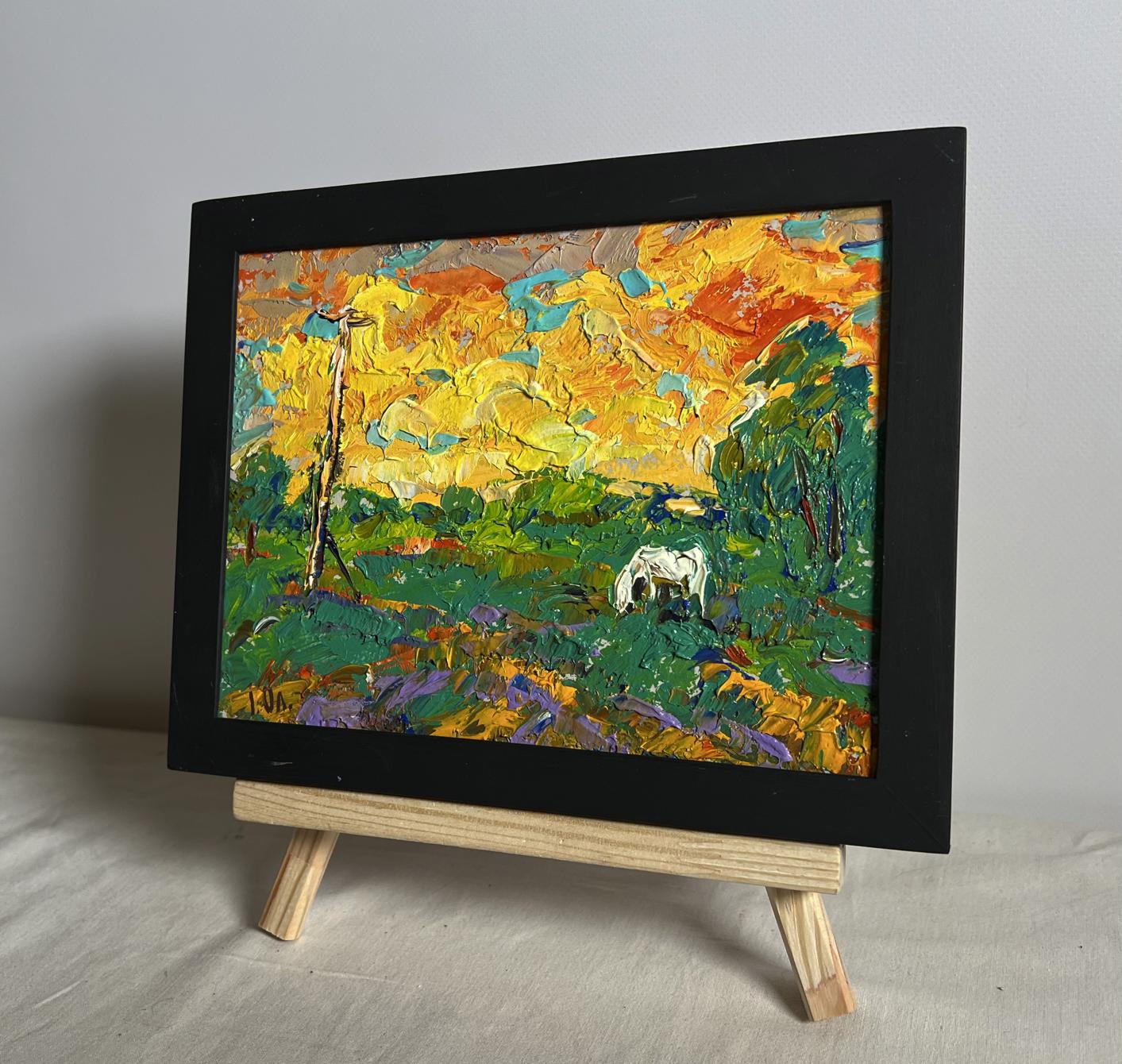 Vibrant impressionist oil painting Watch the bright sunset by Oleksiy Ivanyuk in black frame