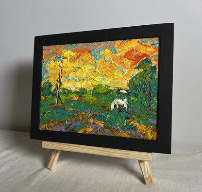 Vibrant impressionist oil painting Watch the bright sunset by Oleksiy Ivanyuk in black frame