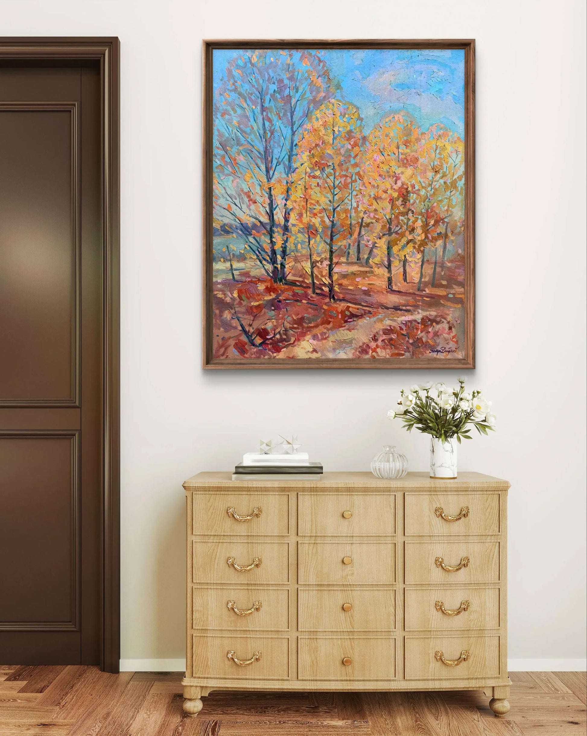 Oil painting Autumn sunny day by Peter Dobrev vibrant autumn forest scene